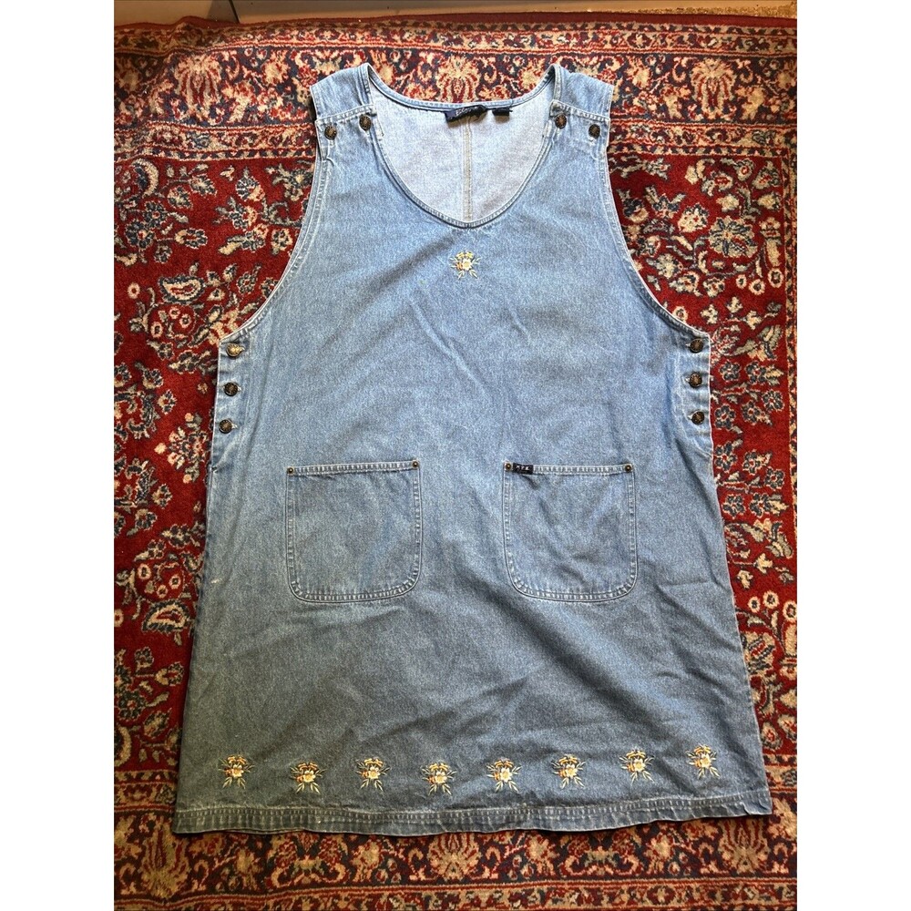 MPH Blues 3X Denim Dress Blue Sleeveless Embroidered Floral 90s Farm Pockets